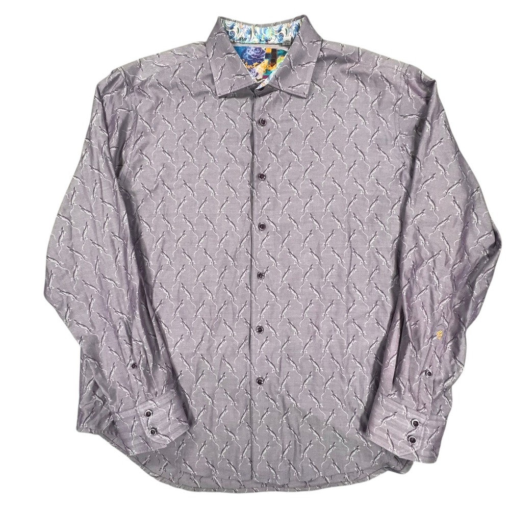 Robert Graham Lizard‎ Gecko Shirt Mens XL Purple Gray Embroidered Long Sleeve